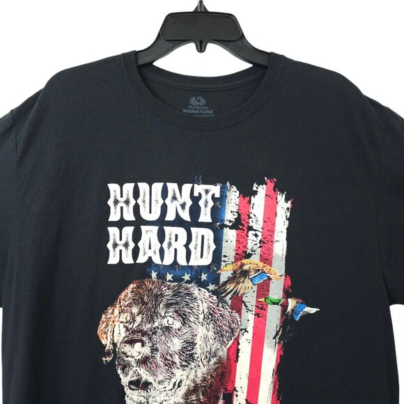 Hunt Hard Graphic T Shirt Mens Size 2XL Retriever Mallard Ducks Flag Tee Black - Picture 8 of 15